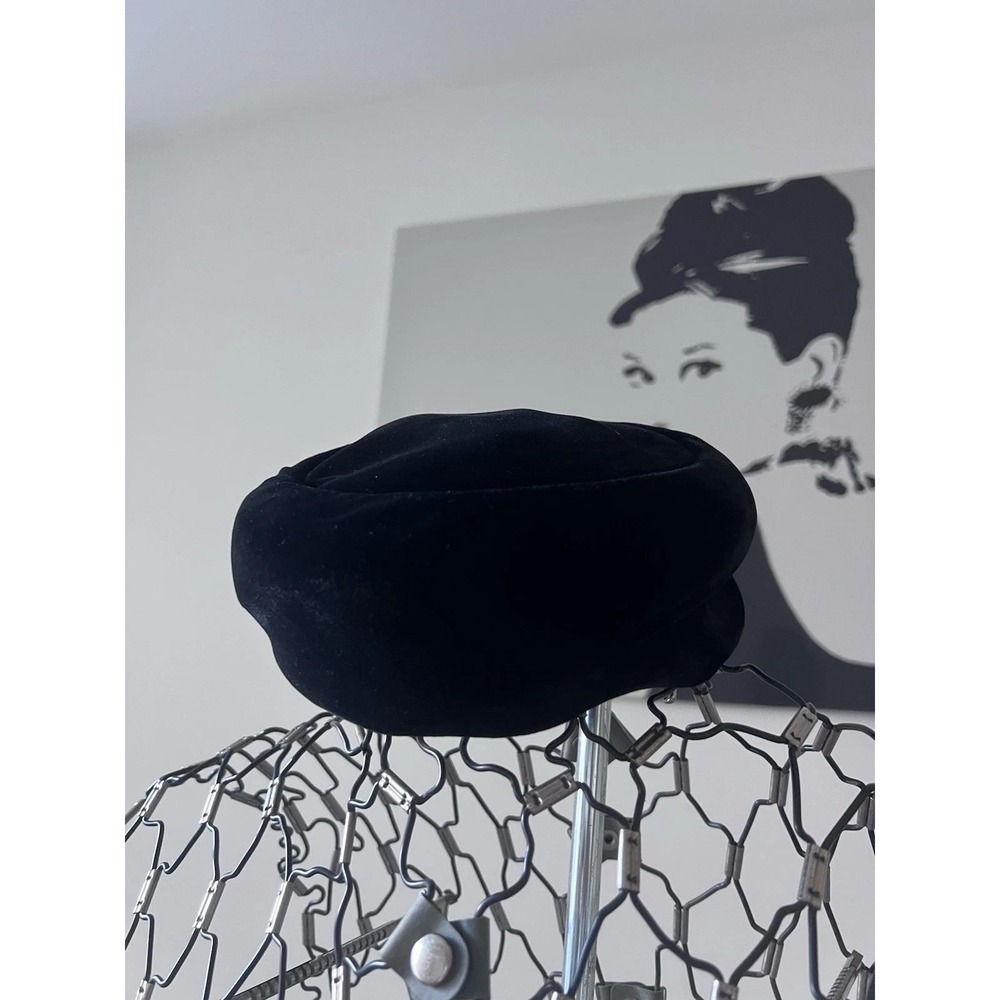 Vintage Black Velvet Pillbox Hat Red Lining Mid‎ Century Style Formal Accessory